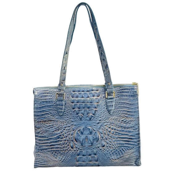 Brahmin Embossed Crocodile Blue Leather Women's Shoulder Bag With Gold Accents - Picture 3 of 12